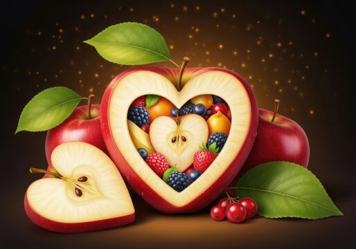 Heartshaped apple filled with fresh berries and fruit