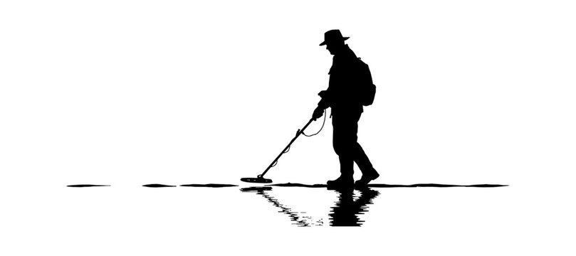 Silhouette of a man using a metal detector on a sandy beach Vector