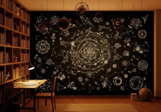 Cosmic constellation wall art in a cozy library study