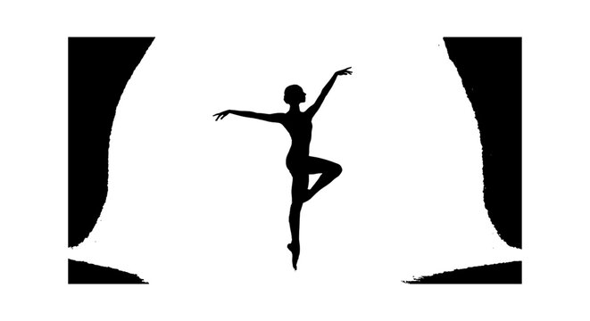 Black silhouette of a graceful ballet dancer performing a pose on a theater stage with bright lights Vector