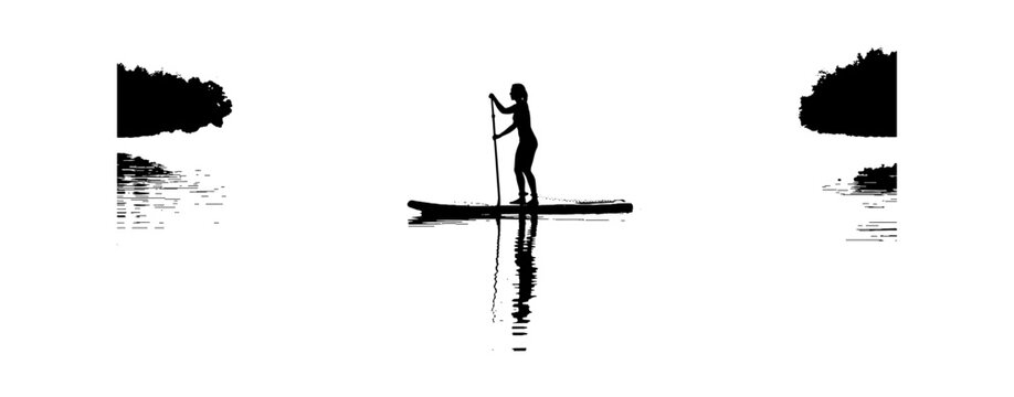 Woman silhouette standing on a paddle board in a quiet lake with trees Vector