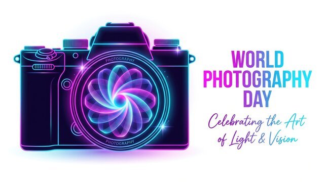 World photography day celebration neon camera artistic light swirl design