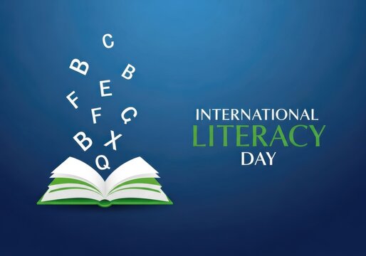 International literacy day concept with open book and floating letters