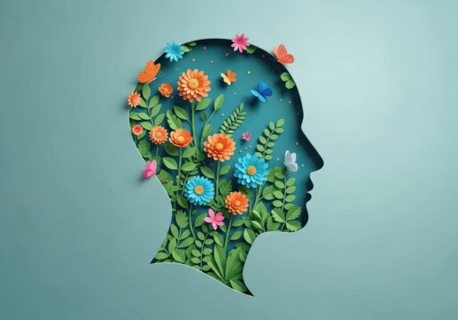 Paper cutout human profile with flowers