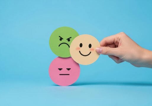 Hand holding a happy face emoji cutout against a blue background