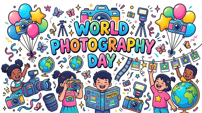World photography day celebration colorful illustration with cameras and happy people