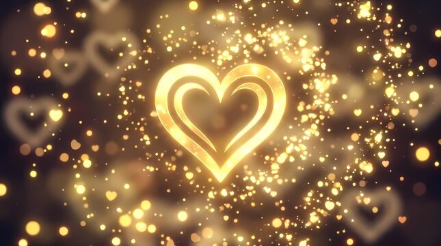 Glowing golden heart with bokeh glitter lights background.