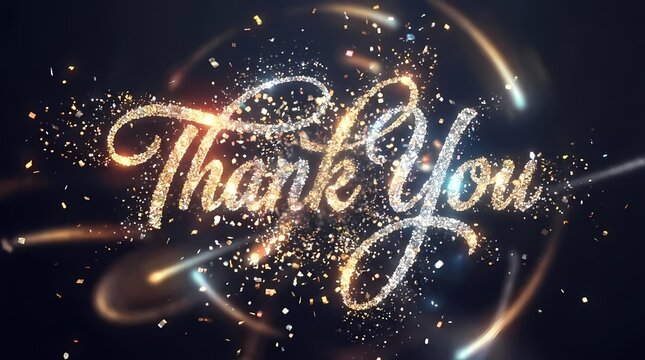 Glowing golden thank you text with sparkling lights.