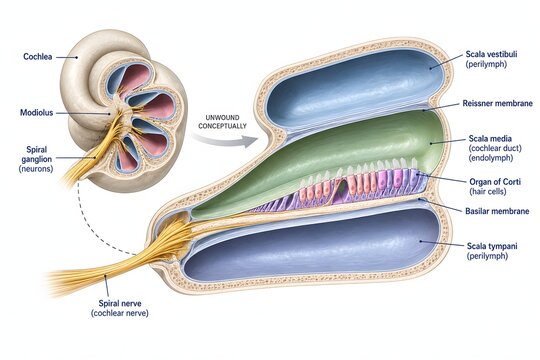Detailed medical illustration of cochlear anatomy showing the scala vestibuli, scala media, scala tympani, Organ of Corti, membranes, nerves and hair cells.