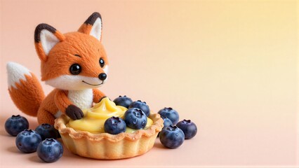 Fototapeta premium Adorable fox plush sits atop blueberry tart with a yolk centerpiece.