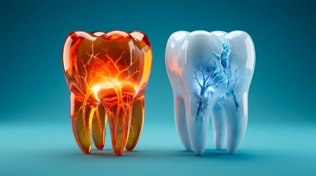Conceptual illustration of two teeth showing dental sensitivity with one glowing hot like fire and the other freezing cold with ice