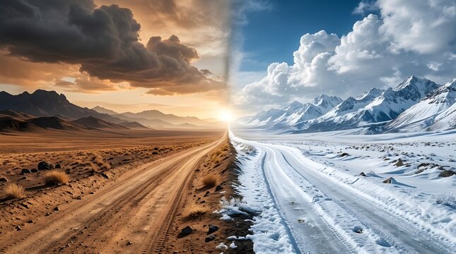 Dramatic split road landscape showing freezing snowy mountains on one side and hot arid desert on the other