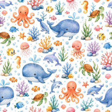 Seamless watercolor pattern with marine animals and coral reef