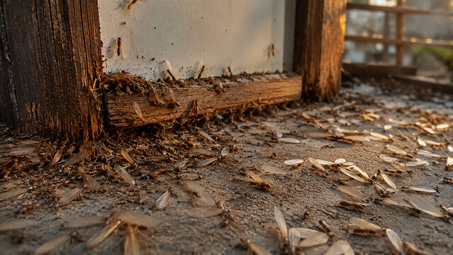 A swarm of winged termites infests a decaying wooden window frame and floor, indicating structural damage and an active pest problem in an indoor environment.