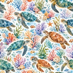 Obraz premium Seamless watercolor pattern of sea turtles and coral reef