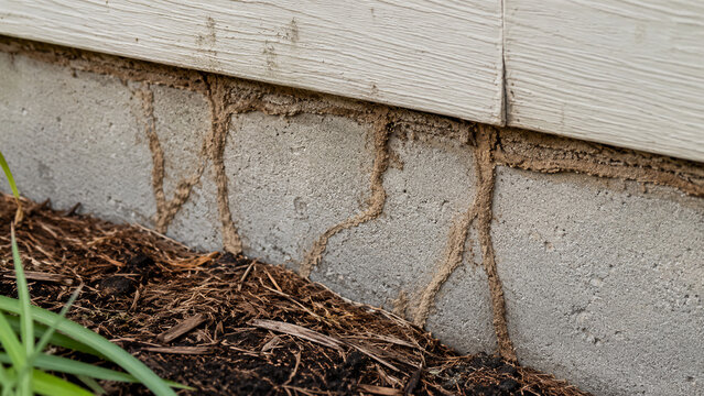 Termite mud tubes on the exterior foundation wall of a building, indicating possible termite infestation.