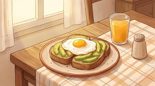 Graphic illustration of avocado toast and juice on a sunlit table.