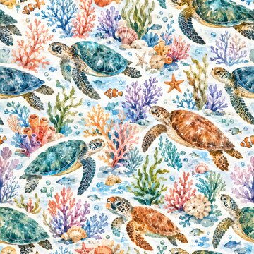 Seamless watercolor pattern of sea turtles and coral reef