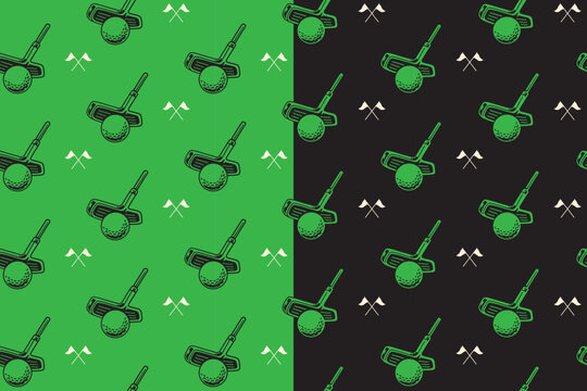 Golf sport tool engraved seamless pattern on black green background set. Golf ball with putter club and flag crossed hand drawn pattern background. Golf equipment pattern