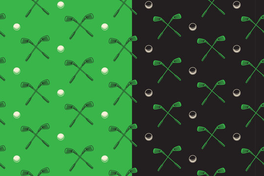Crossed golf irons pattern on black green background set. Golf clubs and ball hand drawn seamless pattern background. Golf equipment with stick and ball vintage engraved motif wallpaper