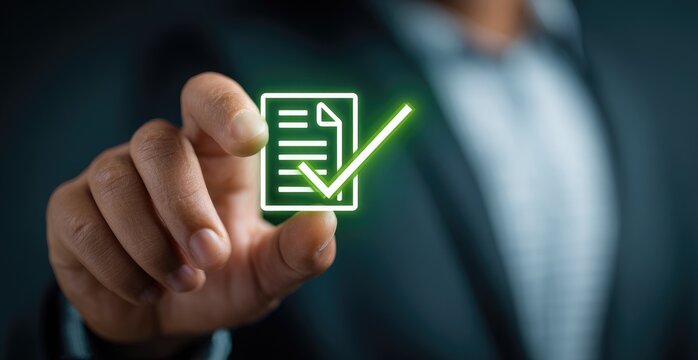 Close-up of a person's hand holding a glowing green checkmark icon with a document symbol. Dark backdrop