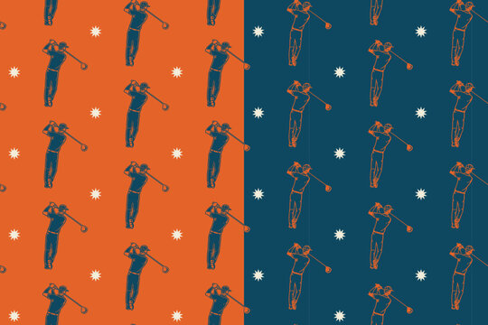 Golfer swinging club pattern on orange blue background set for merchandise. Golfer with driver hand drawn seamless pattern background. Golfer and driver club vintage engraved motif wallpaper