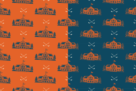 Golf course clubhouse pattern on orange blue background set for merch. Country club with crossed golf clubs hand drawn seamless pattern background. Golf clubhouse vintage engraved motif wallpaper