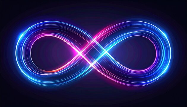 A vibrant infinity symbol glows, crafted from neon light streaks in blue, pink, and purple against a dark backdrop. The lights add dimension