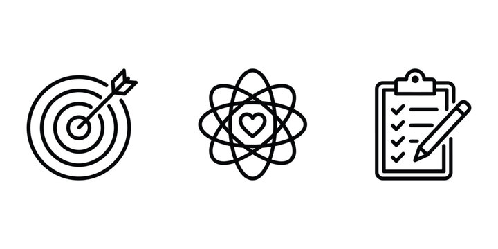 Achievement and planning icon set featuring target atom and checklist clipboard planning