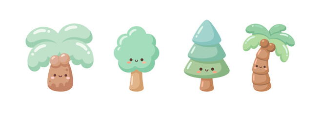 Cute Kawaii Woodland Tree Collection with Three Stylized Trees in Pastel Nature Style © Felipe