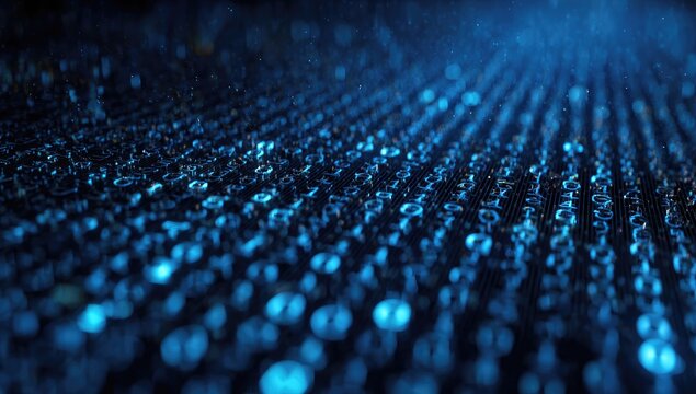 Abstract, close-up image showing a shimmering, textured surface with countless small, rounded light sources, glowing blue