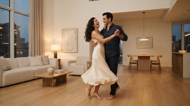 Young couple dancing joyfully in a modern apartment living room.