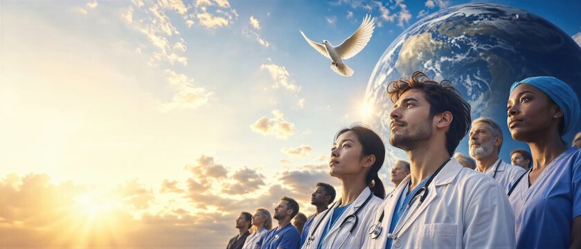 Group of doctors and nurses looking at sky with flying dove and planet Earth. International Day Doctors of the World for Peace. Banner with copy space