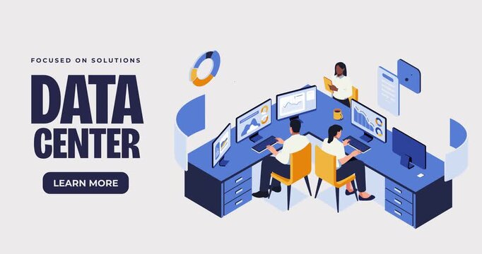 Isometric animation of a data analytics concept featuring charts, graphs, dashboard, statistics and business analysis elements. On-screen text: Data Analytics and Read More 