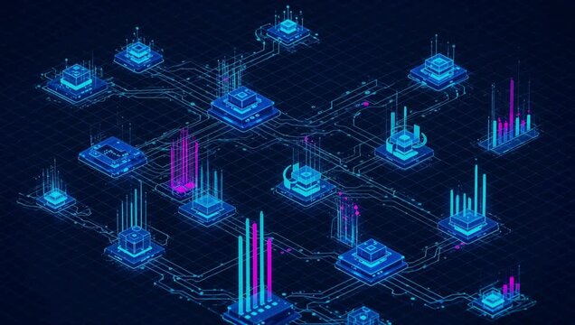 Complex server network diagram with real-time data graphs