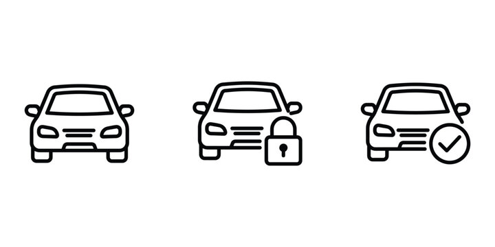 Set of car security and status line icons with check mark security protection automobile
