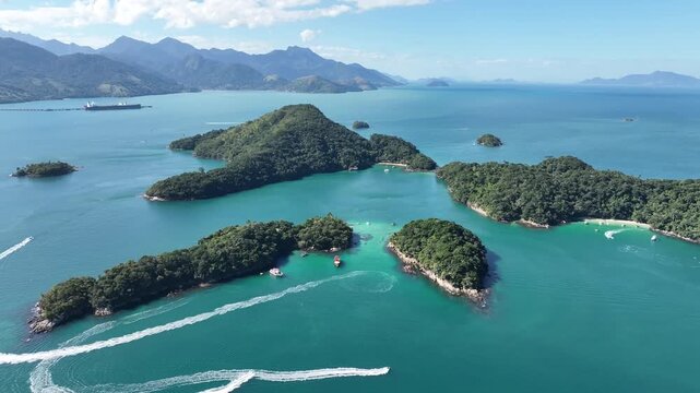 Angra dos Reis, Rio de Janeiro. Lagoa Azul, Blue Lagoon. Aerial view, establishing shot.