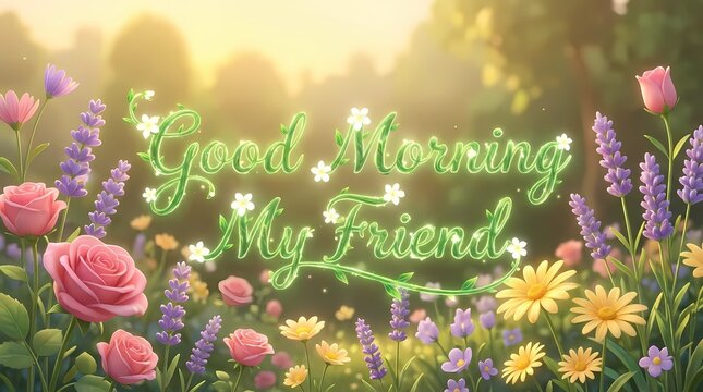 Good Morning My Friend message over flower garden.