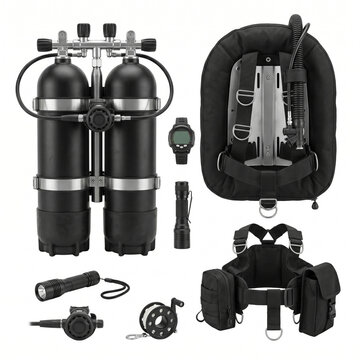 Technical Scuba Diving - Double Cylinder Equipment Flatlay Setup