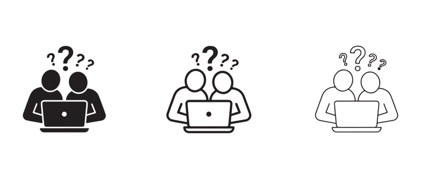 People sitting with laptops and thinking  puzzled persons with question marks above head  confusion and problem solving concept