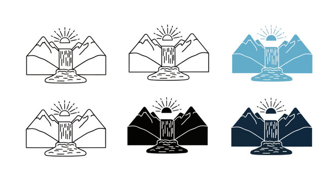 Icon set of stylized mountain fountain with sun emblem in multiple colors and outlines.