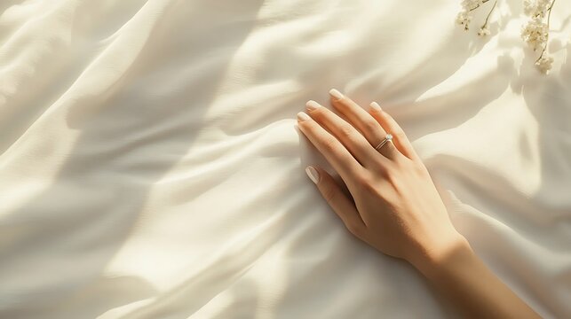 Hand on bed sheet sunlight