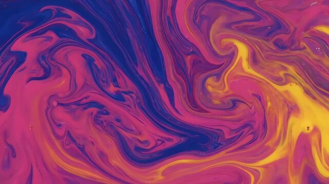 Abstract flow of magenta, blue and yellow paints mixing in a fluid marble pattern