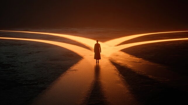 Person at a crossroads, bathed in golden light