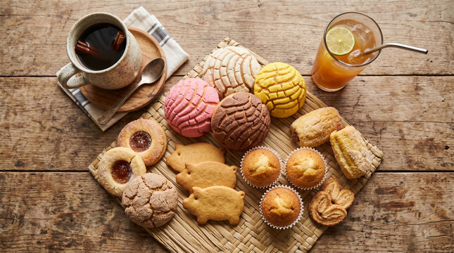 Assortment of sweet conchas with cold tamarindo water