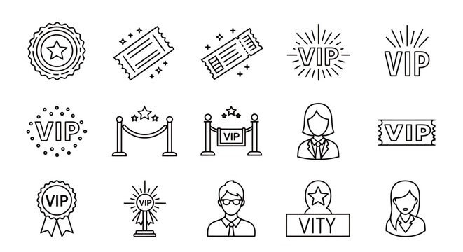 Collection of VIP, award, and badge icons in line art style.