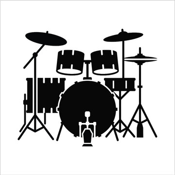 Isolated drum kit silhouette, percussion instrument set for musical performance and practice, rock and roll rhythm element