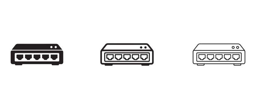 network switch icons for data transfer and computer networking  various line art and solid fill designs for web and application use