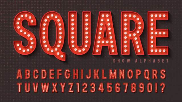 Show alphabet design, modern condensed style, bright LED lamps letters and numbers.