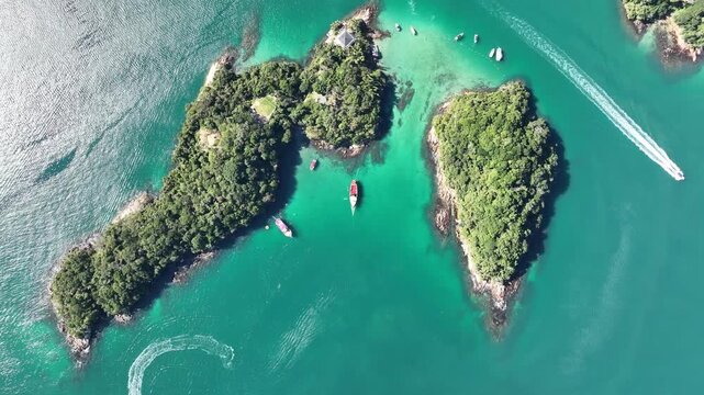 Angra dos Reis, Rio de Janeiro. Lagoa Azul, Blue Lagoon. Aerial view, establishing shot.